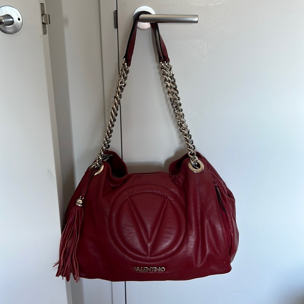 Valentino Logo Leather Shoulder Bag- Red